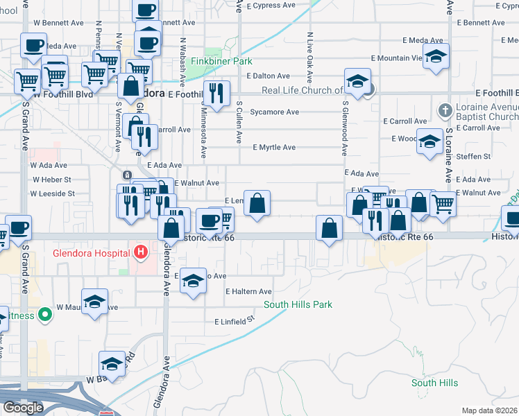 map of restaurants, bars, coffee shops, grocery stores, and more near 525 East Route 66 in Glendora