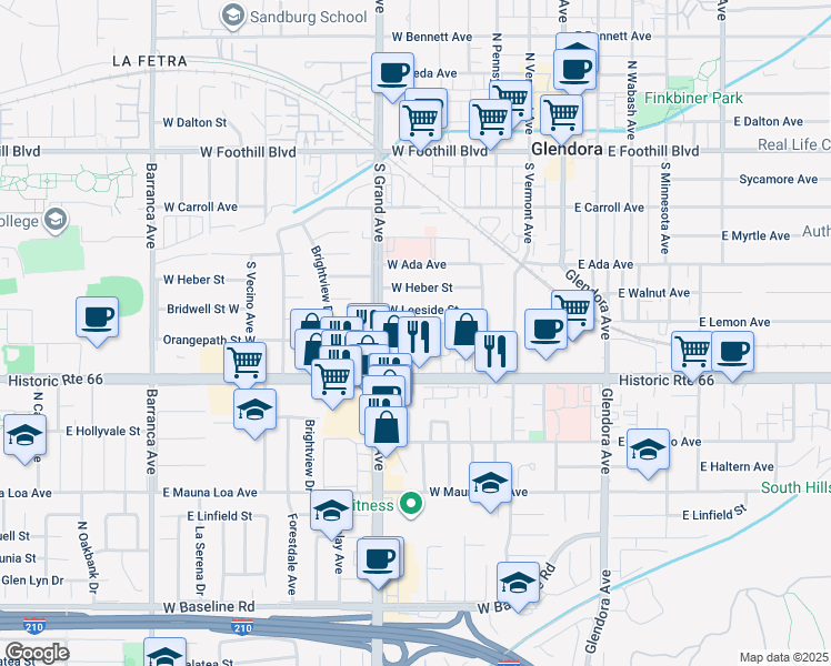 map of restaurants, bars, coffee shops, grocery stores, and more near 545 Parker Drive in Glendora
