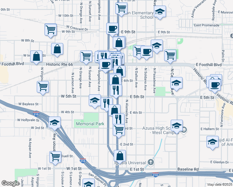 map of restaurants, bars, coffee shops, grocery stores, and more near 452 North Azusa Avenue in Azusa