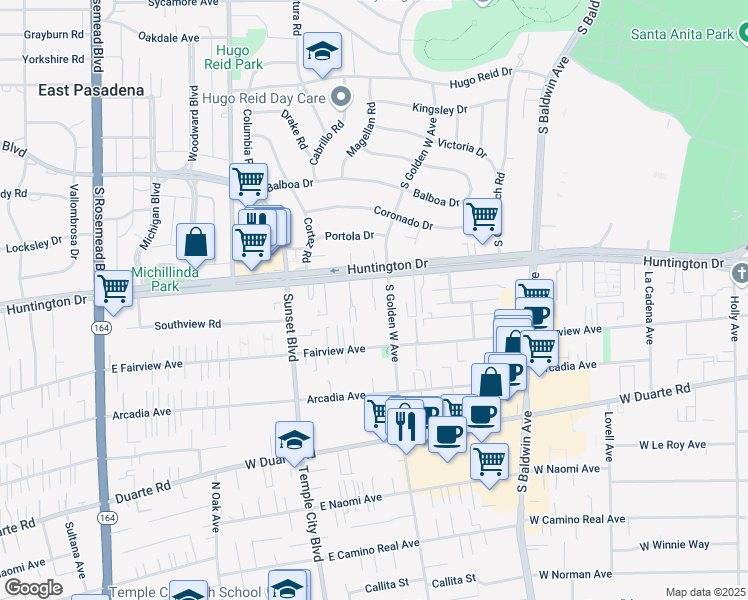 map of restaurants, bars, coffee shops, grocery stores, and more near 922 West Huntington Drive in Arcadia