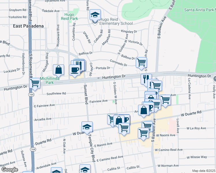 map of restaurants, bars, coffee shops, grocery stores, and more near 922 West Huntington Drive in Arcadia