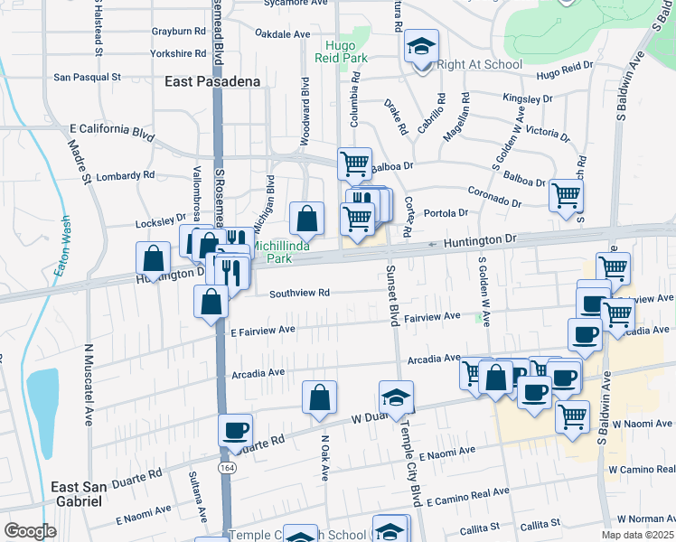 map of restaurants, bars, coffee shops, grocery stores, and more near 9167 Southview Road in San Gabriel