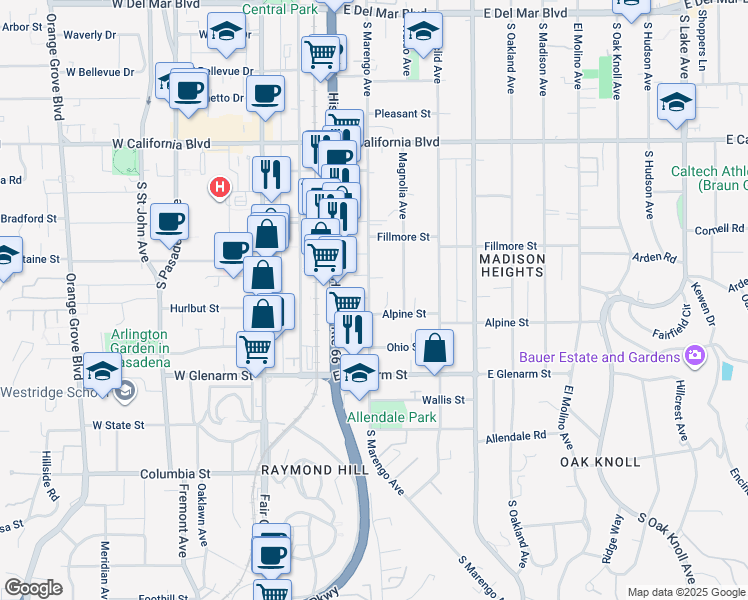 map of restaurants, bars, coffee shops, grocery stores, and more near 945 South Marengo Avenue in Pasadena