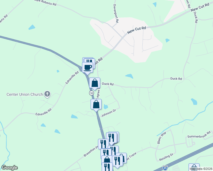 map of restaurants, bars, coffee shops, grocery stores, and more near 18 King's Road in Braselton