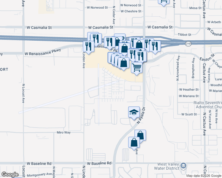 map of restaurants, bars, coffee shops, grocery stores, and more near 1686 Phantom Lane in Rialto