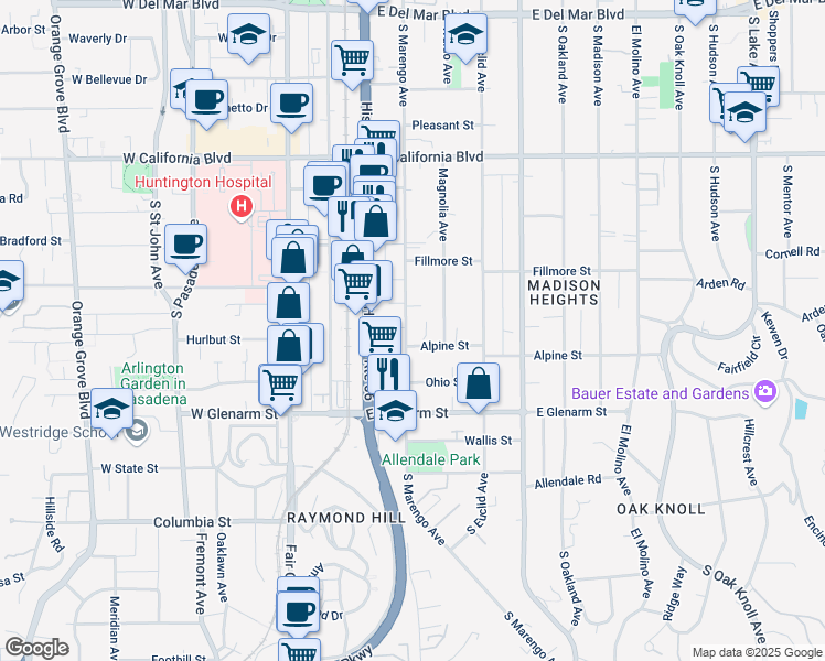 map of restaurants, bars, coffee shops, grocery stores, and more near 945 South Marengo Avenue in Pasadena