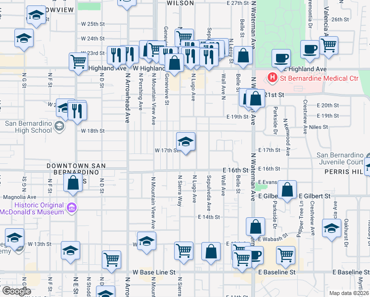 map of restaurants, bars, coffee shops, grocery stores, and more near 1705 North Sierra Way in San Bernardino