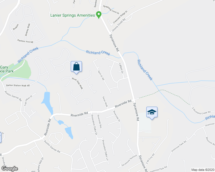 map of restaurants, bars, coffee shops, grocery stores, and more near 5875 April Drive Northeast in Sugar Hill