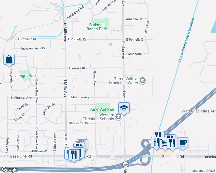 map of restaurants, bars, coffee shops, grocery stores, and more near 777 East Miramar Avenue in Claremont