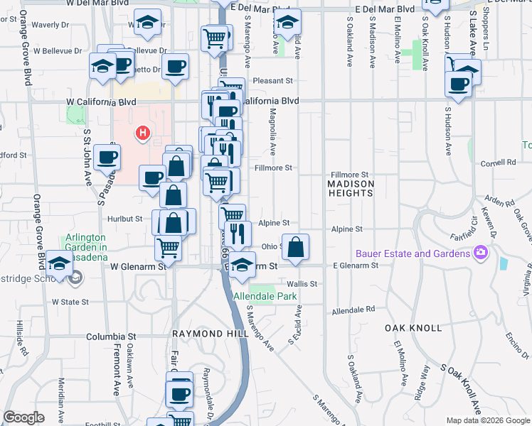 map of restaurants, bars, coffee shops, grocery stores, and more near 249 Alpine Street in Pasadena