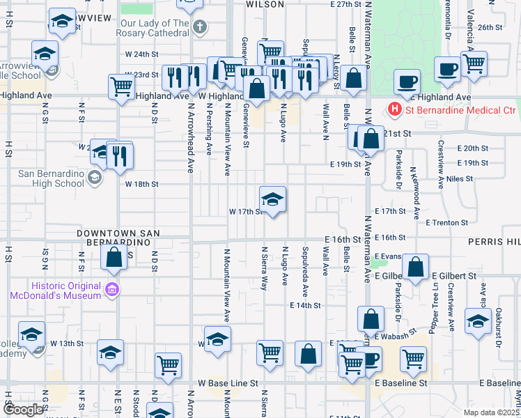 map of restaurants, bars, coffee shops, grocery stores, and more near 1702 North Sierra Way in San Bernardino