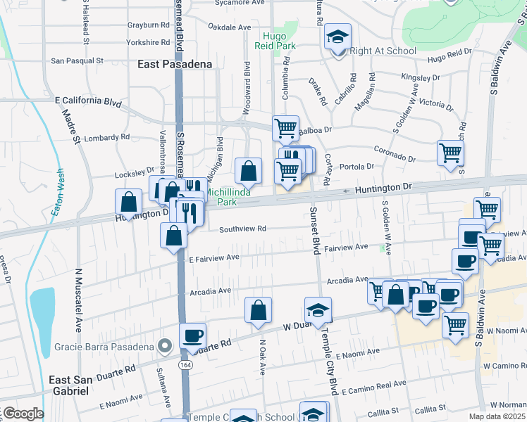 map of restaurants, bars, coffee shops, grocery stores, and more near 9167 Southview Road in San Gabriel