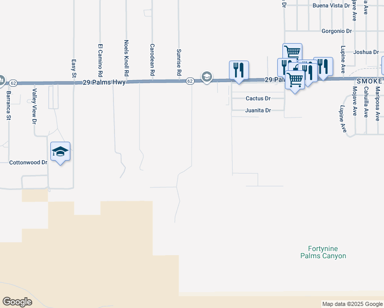 map of restaurants, bars, coffee shops, grocery stores, and more near Sunrise Avenue in Twentynine Palms