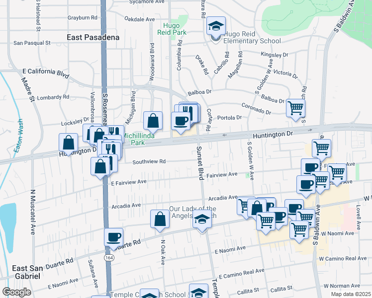 map of restaurants, bars, coffee shops, grocery stores, and more near 1124 West Huntington Drive in Arcadia