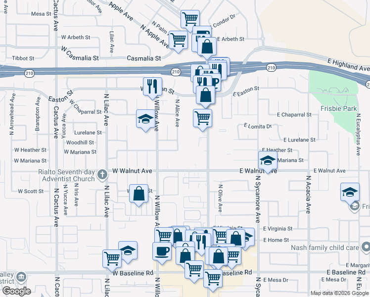 map of restaurants, bars, coffee shops, grocery stores, and more near 164 West Walnut Avenue in Rialto