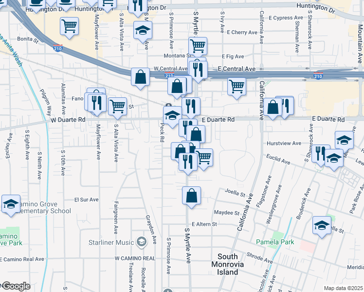 map of restaurants, bars, coffee shops, grocery stores, and more near 151 East El Norte Street in Monrovia