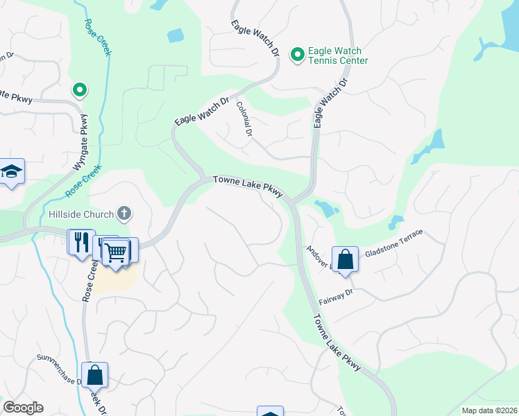 map of restaurants, bars, coffee shops, grocery stores, and more near 219 Morning Mist Way in Woodstock