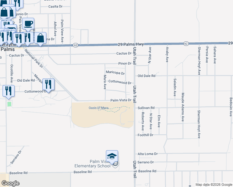 map of restaurants, bars, coffee shops, grocery stores, and more near 74414 Palm Vista Drive in Twentynine Palms
