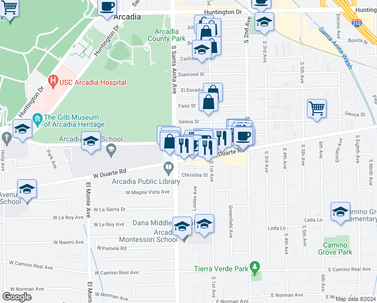 map of restaurants, bars, coffee shops, grocery stores, and more near 22 Lucile Street in Arcadia
