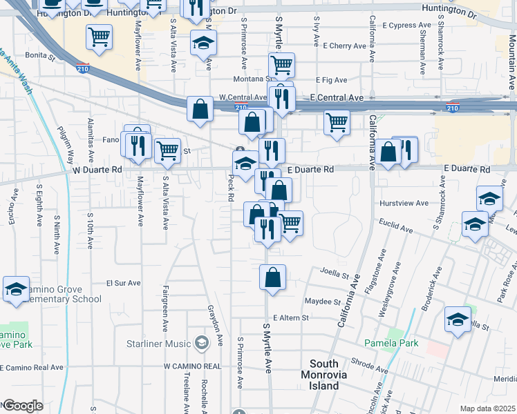 map of restaurants, bars, coffee shops, grocery stores, and more near 151 East El Norte Street in Monrovia