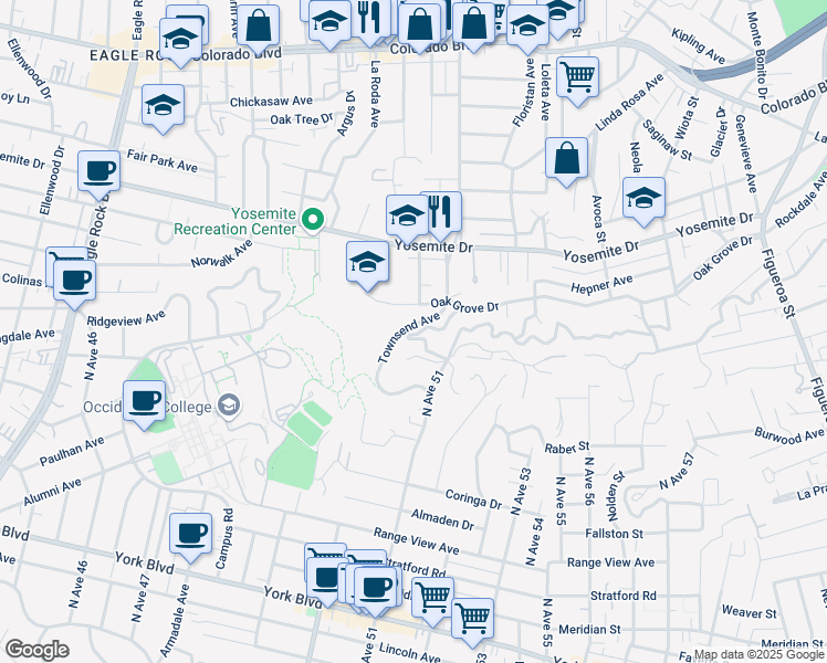 map of restaurants, bars, coffee shops, grocery stores, and more near 1628 Oak Grove Drive in Los Angeles