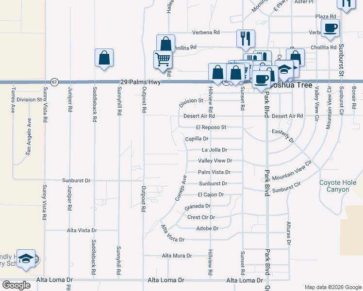 map of restaurants, bars, coffee shops, grocery stores, and more near 61484 Capilla Drive in Joshua Tree
