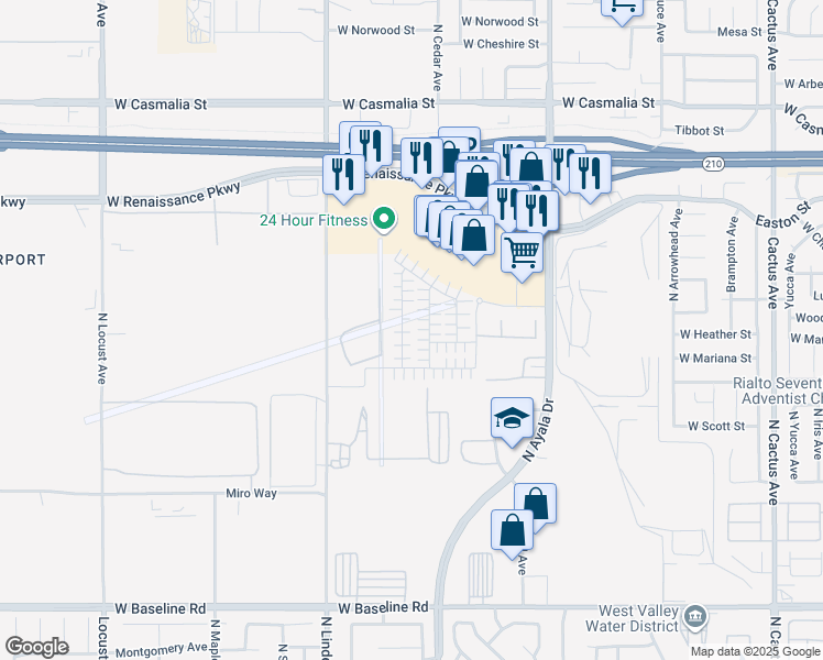 map of restaurants, bars, coffee shops, grocery stores, and more near 1703 Eagle Road in Rialto