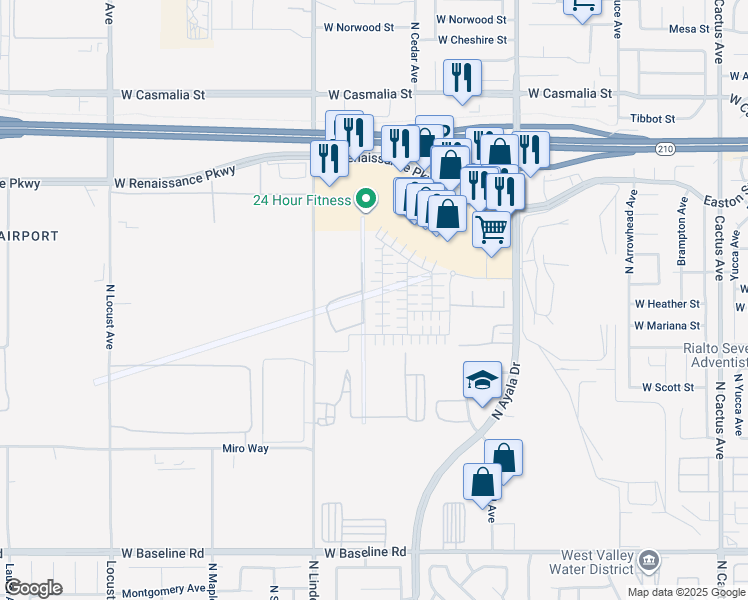 map of restaurants, bars, coffee shops, grocery stores, and more near 1702 Eagle Road in Rialto