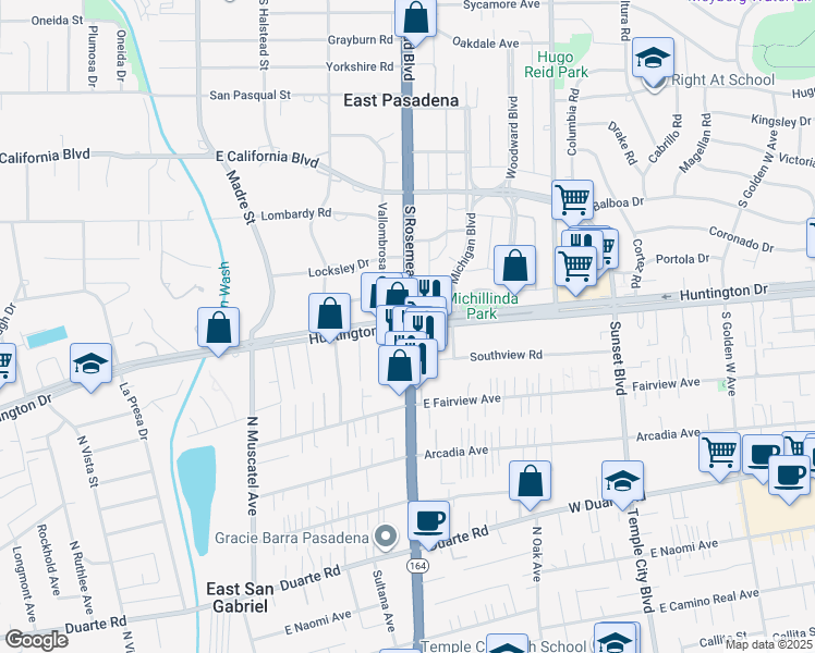 map of restaurants, bars, coffee shops, grocery stores, and more near Huntington Dr & S Rosemead Blvd in East San Gabriel