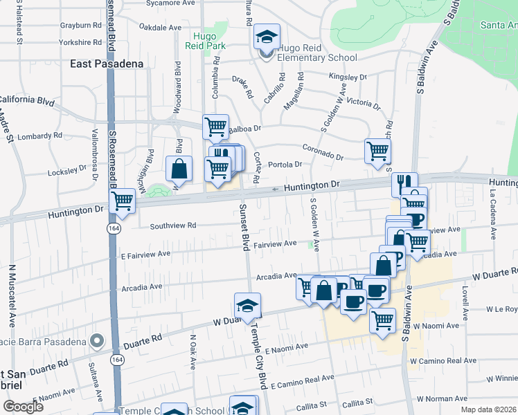 map of restaurants, bars, coffee shops, grocery stores, and more near 1014 West Huntington Drive in Arcadia
