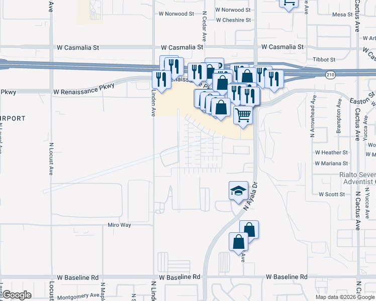 map of restaurants, bars, coffee shops, grocery stores, and more near 1723 Eagle Road in Rialto