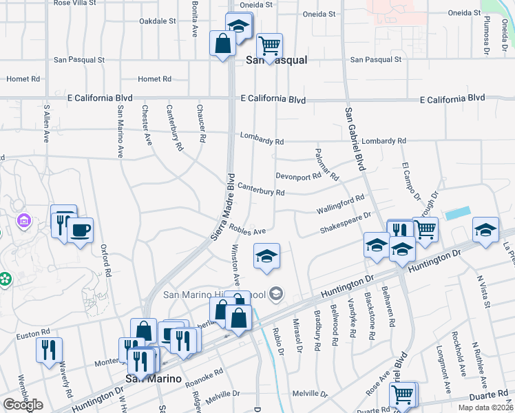 map of restaurants, bars, coffee shops, grocery stores, and more near 912 Winston Avenue in San Marino