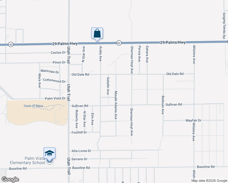 map of restaurants, bars, coffee shops, grocery stores, and more near 6810 Maude Adams Avenue in Twentynine Palms