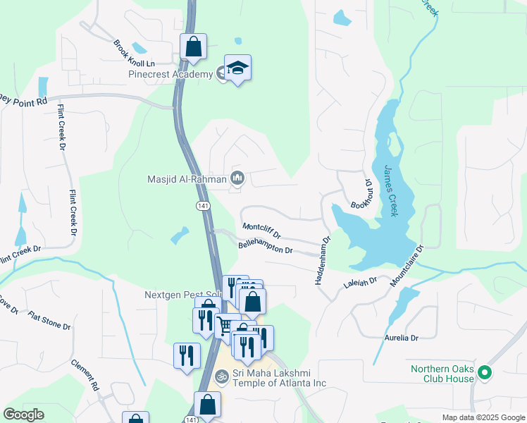 map of restaurants, bars, coffee shops, grocery stores, and more near 1495 Montcliff Drive in Cumming