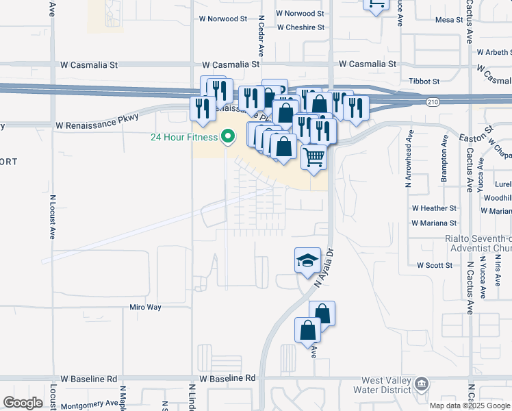 map of restaurants, bars, coffee shops, grocery stores, and more near Phantom Lane in Rialto
