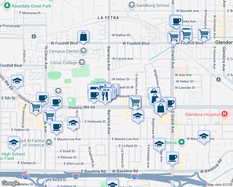 map of restaurants, bars, coffee shops, grocery stores, and more near 833 Orangepath Street West in Glendora