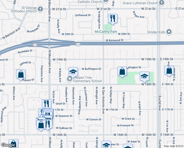 map of restaurants, bars, coffee shops, grocery stores, and more near 1842 Balboa Way in Upland