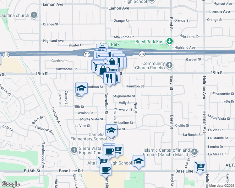 map of restaurants, bars, coffee shops, grocery stores, and more near 8772 Mignonette Street in Rancho Cucamonga
