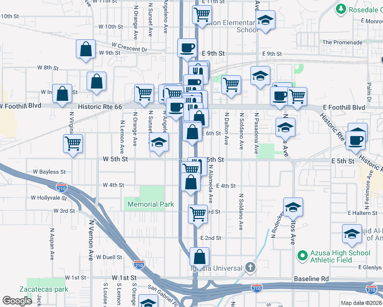 map of restaurants, bars, coffee shops, grocery stores, and more near 511 North Azusa Avenue in Azusa