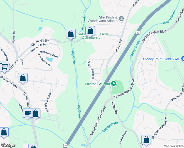 map of restaurants, bars, coffee shops, grocery stores, and more near 5710 Shiloh Woods Drive in Cumming