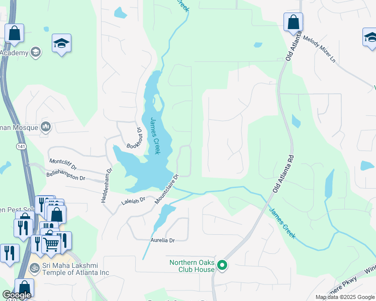 map of restaurants, bars, coffee shops, grocery stores, and more near 1005 Mountclaire Drive in Cumming
