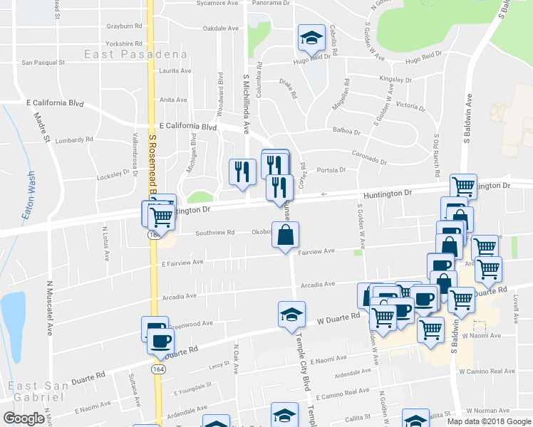 map of restaurants, bars, coffee shops, grocery stores, and more near 1124 West Huntington Drive in Arcadia