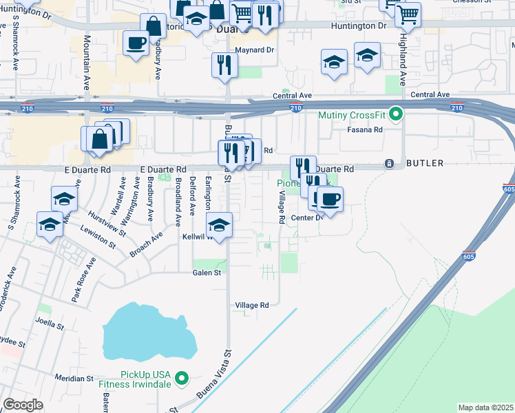 map of restaurants, bars, coffee shops, grocery stores, and more near 1353 Pengra Street in Duarte