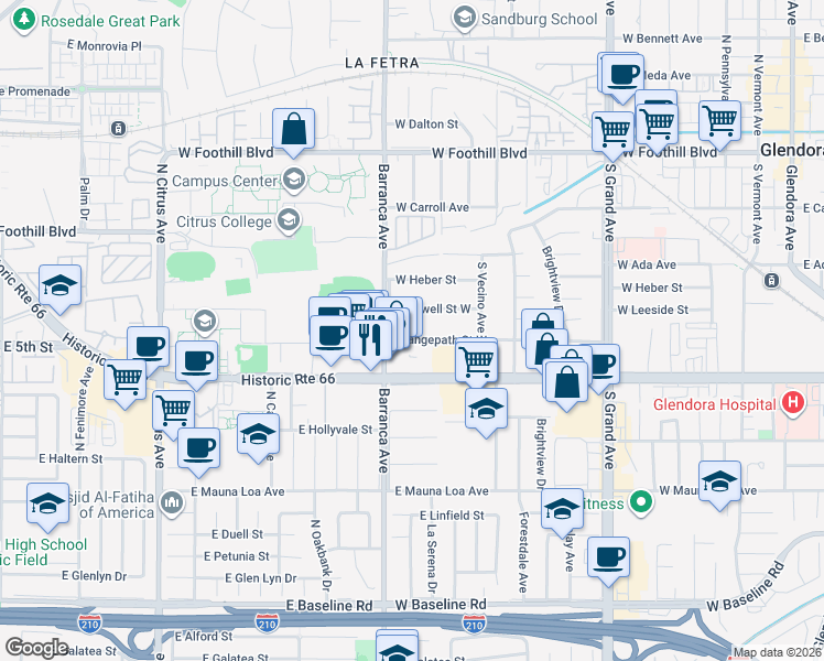map of restaurants, bars, coffee shops, grocery stores, and more near 833 Orangepath Street West in Glendora