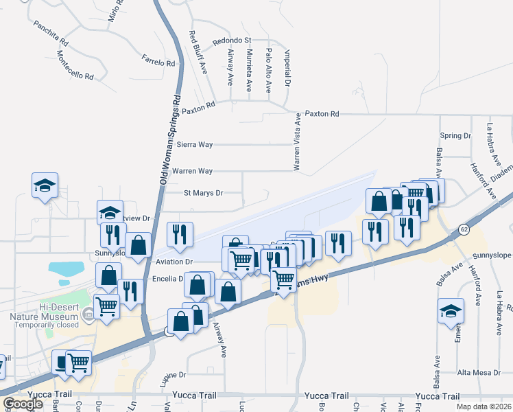 map of restaurants, bars, coffee shops, grocery stores, and more near 57592 Crestview Drive in Yucca Valley