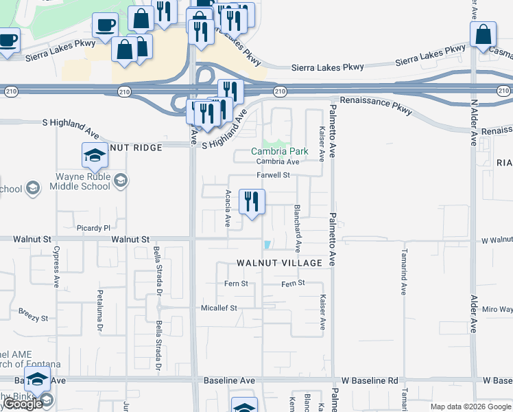 map of restaurants, bars, coffee shops, grocery stores, and more near 6765 Jade Court in Fontana