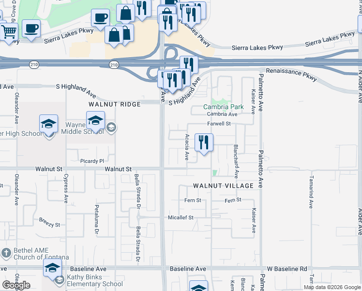 map of restaurants, bars, coffee shops, grocery stores, and more near 16940 Los Cedros Avenue in Fontana