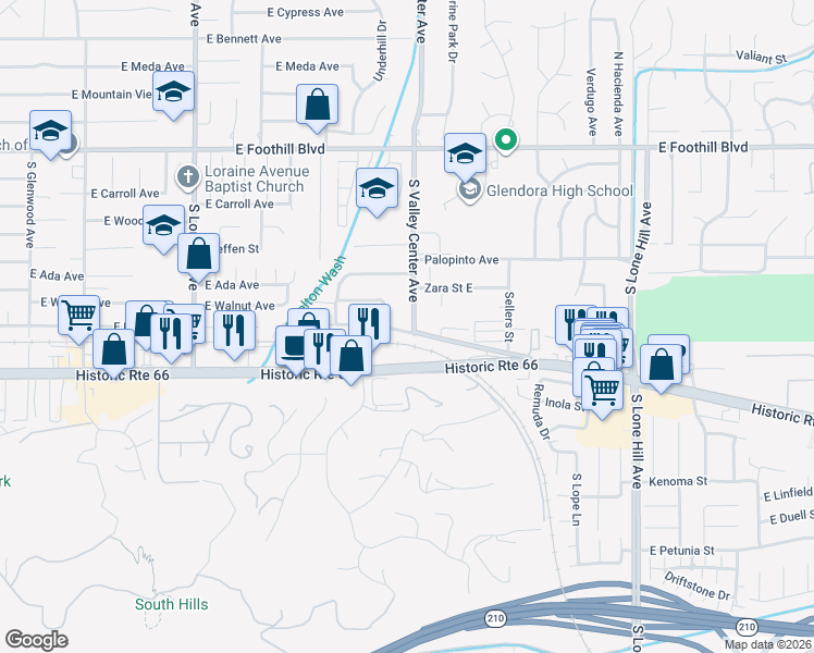 map of restaurants, bars, coffee shops, grocery stores, and more near 1431 Cossacks Place East in Glendora