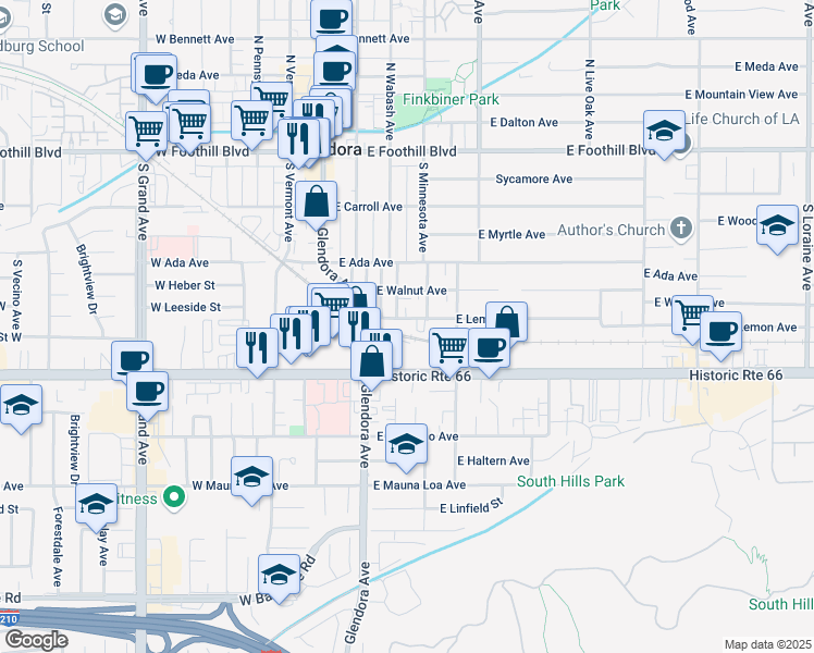 map of restaurants, bars, coffee shops, grocery stores, and more near 418 South Wabash Avenue in Glendora