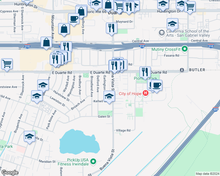 map of restaurants, bars, coffee shops, grocery stores, and more near 1843 Buena Vista Street in Duarte
